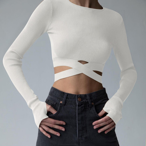 Knitted top with cross waist tie sexy solid color autumn long-sleeved slim hollow top