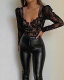 Breast Cup Lace Long Sleeve Top Women's Autumn Fashion Sexy Black V-neck Shirt