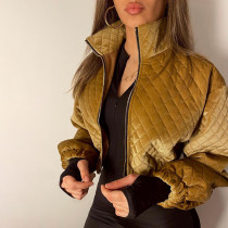 Autumn and winter diamond plaid stand collar zipper short jacket temperament quilted jacket women