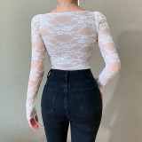 Breast Cup Lace Long Sleeve Top Women's Autumn Fashion Sexy Black V-neck Shirt