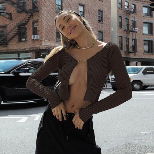 New women's long-sleeved half-open collar fashion cardigan Slim sexy cropped sweater women