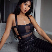 New women's one-word neck sling mesh stitching open back sexy slim bodysuit