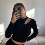 New women's fashion round neck long-sleeved sexy hollow navel slimming T-shirt for women