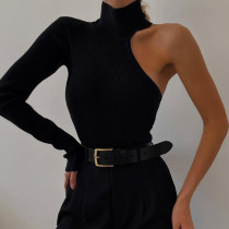 New women's fashion one-shoulder long-sleeved round neck slim solid color one-piece women
