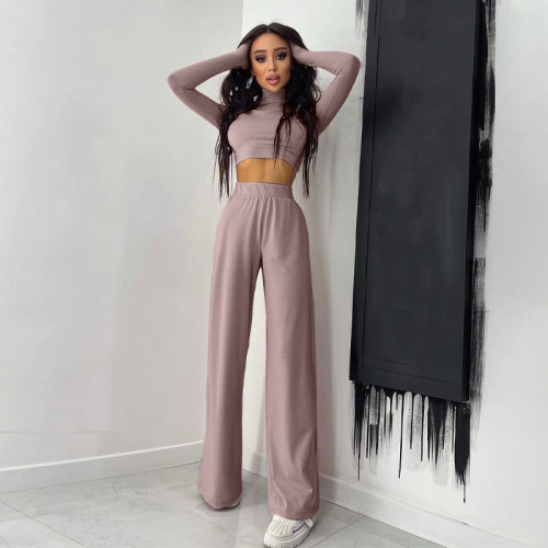 Women's two-piece sports and leisure suits with new solid color high-neck long-sleeved trousers