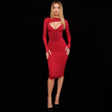 New Women's Solid Color Long Sleeve Slim Mid-length Dress Fashion Sexy Hollow Hip Dress