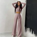 Women's two-piece sports and leisure suits with new solid color high-neck long-sleeved trousers