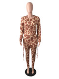 Women's fashion leopard print stitching long-sleeved bag hip high-waist dress + trousers suit
