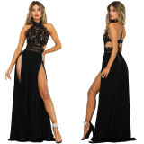 Women's sexy see-through lace nude back high slit dress evening dress