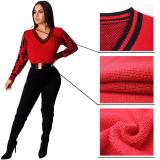 Ladies sweater V-neck fitted pullover F letter sweater