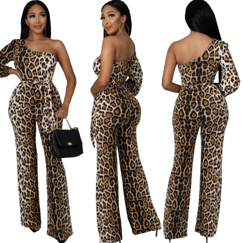 New sexy fashion leopard print one-shoulder oblique shoulder women's jumpsuit