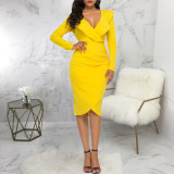 Sexy fashion solid color evening ladies V-neck dress
