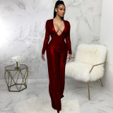 Sexy fashion bronzing solid color long-sleeved V-neck women's jumpsuit