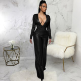 Sexy fashion bronzing solid color long-sleeved V-neck women's jumpsuit