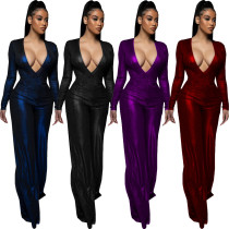 Sexy fashion bronzing solid color long-sleeved V-neck women's jumpsuit