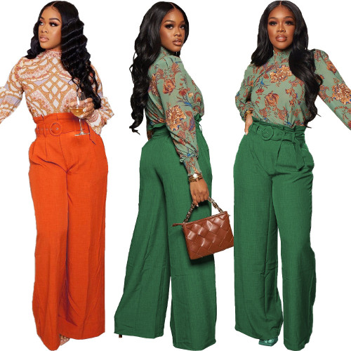 Fashion sexy belted solid color wide leg pants