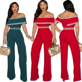 New women's clothing printed line one-word shoulder wrap chest invisible zipper jumpsuit