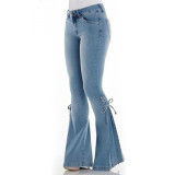 Women's jeans mid-waist lace-up denim trousers stretch jeans