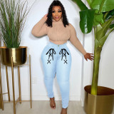 Fashion slim eaby medium stretch creative strap jeans women