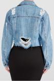 New casual women's denim jacket with ripped holes short slim fit