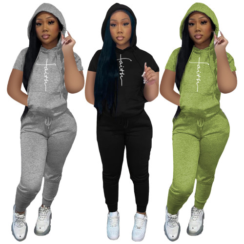 Women's spring and summer fashion sports sweater hooded logo short sleeve two-piece suit