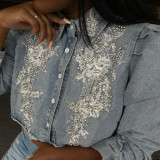 New style denim shirt women embroidered beading denim jacket