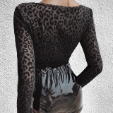 Sexy see-through net leopard pattern stitching one-piece women's long-sleeved square neck mesh slim slimming base coat