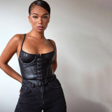 Simple breast cup breasted leather sling for women with sexy slim-fit U-neck vest
