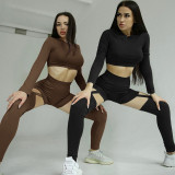 Autumn new sexy sports yoga leisure suit long sleeve cropped shorts suit
