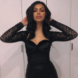 Sexy see-through net leopard pattern stitching one-piece women's long-sleeved square neck mesh slim slimming base coat