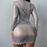 Autumn new style diamond mesh hollow dress solid color bag hip skirt women