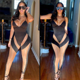 New sexy low-cut mesh perspective contrast stitching high-waist skinny suspender jumpsuit