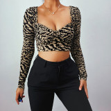 Long-sleeved top for fall/winter new style leopard print sexy navel slimming flocked top
