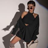 Pullover 2021 new high-neck vest + V-neck long-sleeved loose two-piece suit