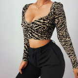 Long-sleeved top for fall/winter new style leopard print sexy navel slimming flocked top