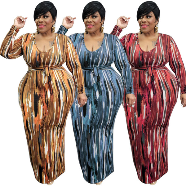 Women's spring new printing and dyeing U-neck tight-fitting long plus size dress with belt