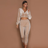 Velvet suit women's autumn and winter solid color zipper hoodie with feet sports trousers two-piece women