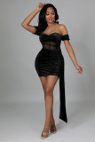 Sexy fashion nightclub women wrapped chest perspective velvet mesh stitching pleated one-shoulder evening dress women