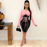 Women's Long Sleeve Round Neck Contrasting Color Bandage Sexy Slim Dress