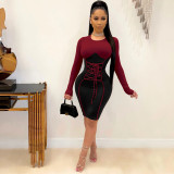 Women's Long Sleeve Round Neck Contrasting Color Bandage Sexy Slim Dress