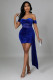 Sexy fashion nightclub women wrapped chest perspective velvet mesh stitching pleated one-shoulder evening dress women