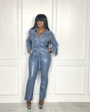 New style lapel buttoned low-cut fringed skinny faux leather jumpsuit women