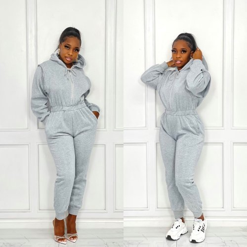 Women's new fall/winter leisure pull-up sweater hooded sports fitness jumpsuit