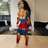 New long-sleeved sexy low-cut tethered large size tight-fitting printed jumpsuit women