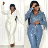 New style lapel buttoned low-cut fringed skinny faux leather jumpsuit women