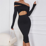Autumn and winter new fashion women's solid color slanted shoulder hollow sexy slim dress
