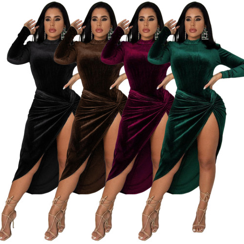 Nightclub wear two-piece velvet turtleneck jacket and knotted skirt