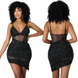 Fashion sexy V-neck sling hot diamond perspective irregular waist dress