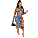 Sexy nightclub skirt women's long-sleeved printed cross-belt hollow open back dress