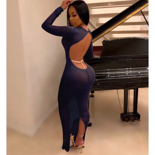 Bright color sexy hollow open back long sleeve nightclub dress women's clothing